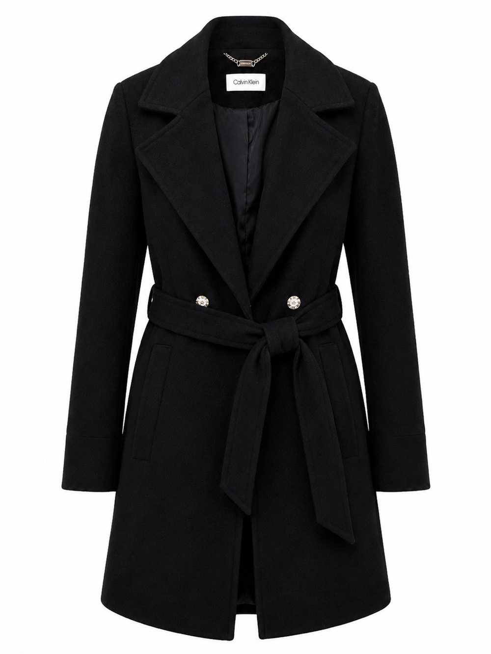 Calvin Klein Black Wool Blend Belted Wrap Coat Oversized Lapel Women’s Size S